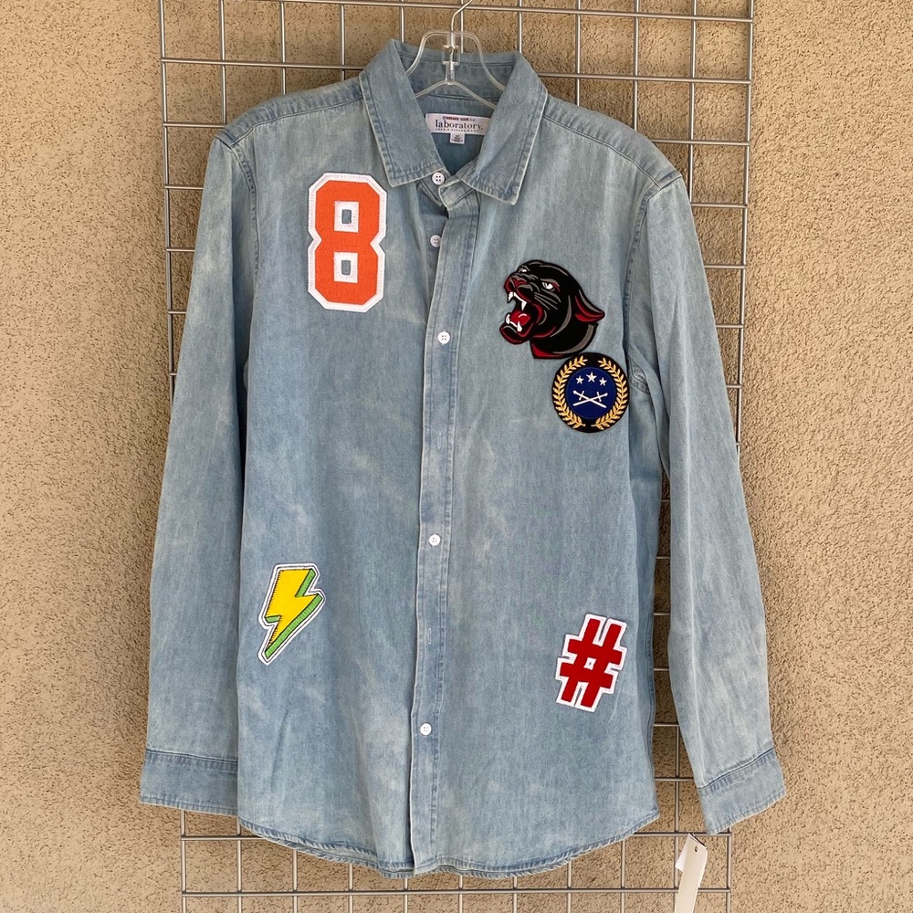 Boyfriend Chambray Button Down Patch Denim Shirt - Picture 2 of 9